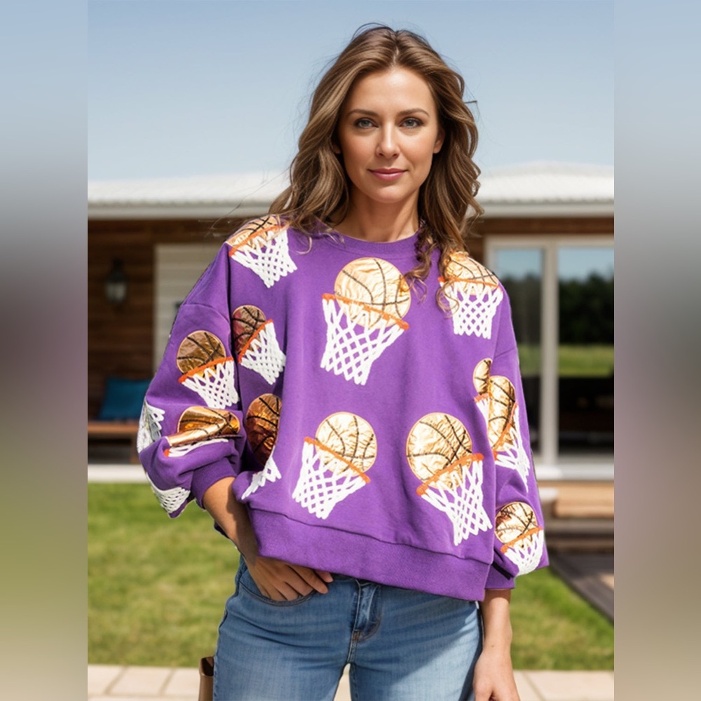 Women’s Purple & Gold Basketball Pullover Sweatshirt w/Sequins Embroidery